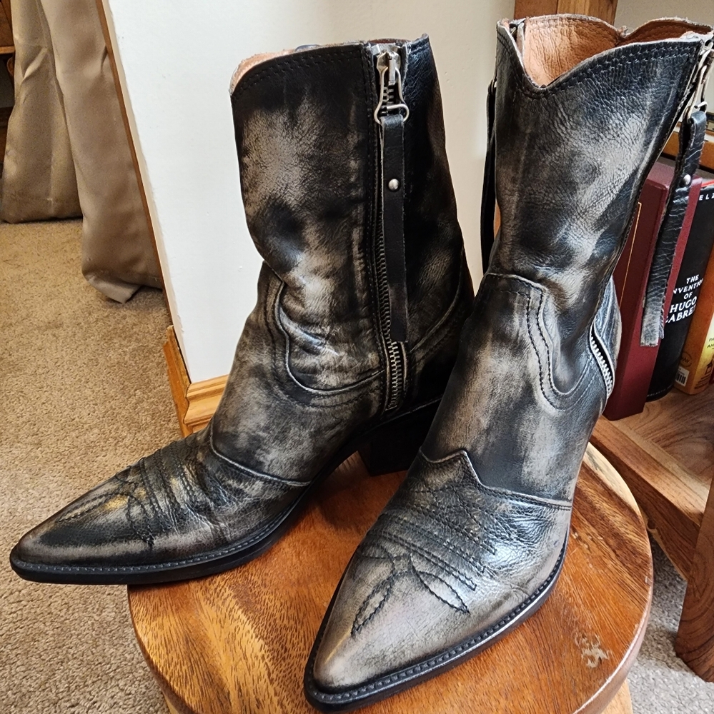 A.S.98 Crystal Charlie Distressed Black Leather Ankle Boots